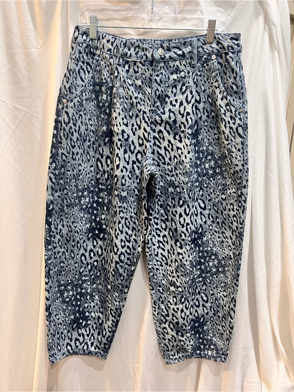 Tribal Blue and White Leopard-Print Barrel Jeans